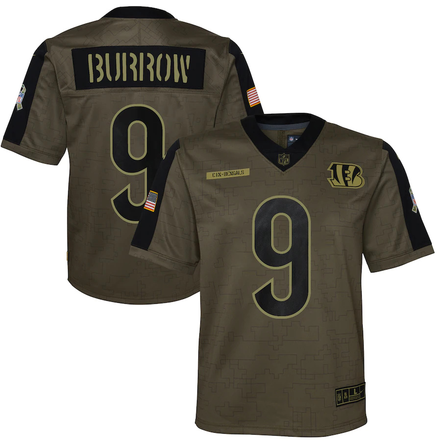 Cincinnati Bengals #9 Joe Burrow Olive Youth 2021 Salute To Service Game Jersey