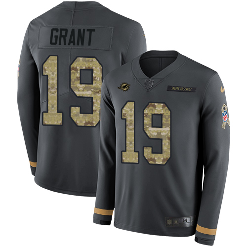 Miami Dolphins #19 Jakeem Grant Anthracite Salute to Service Men's Stitched Limited Therma Long Sleeve Jersey Men's