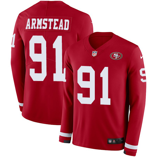 San Francisco 49ers #91 Arik Armstead Red Team Color Men's Stitched Limited Therma Long Sleeve Jersey Men's