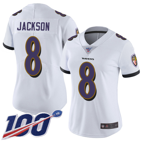 Ravens #8 Lamar Jackson White Women's Stitched 100th Season Vapor Limited Jersey