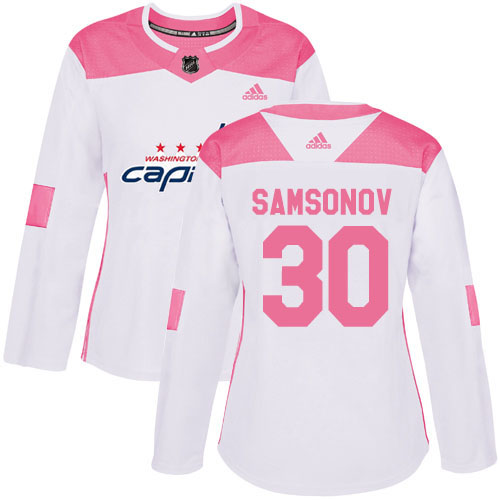 Adidas Washington Capitals #30 Ilya Samsonov White/Pink Authentic Fashion Women's Stitched Jersey Womens