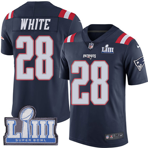 New England Patriots #28 James White Navy Blue Super Bowl LIII Bound Youth Stitched Limited Rush Jersey Youth