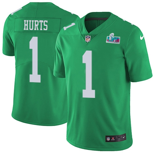 Eagles #1 Jalen Hurts Green Super Bowl LVII Patch Youth Stitched Limited Rush Jersey