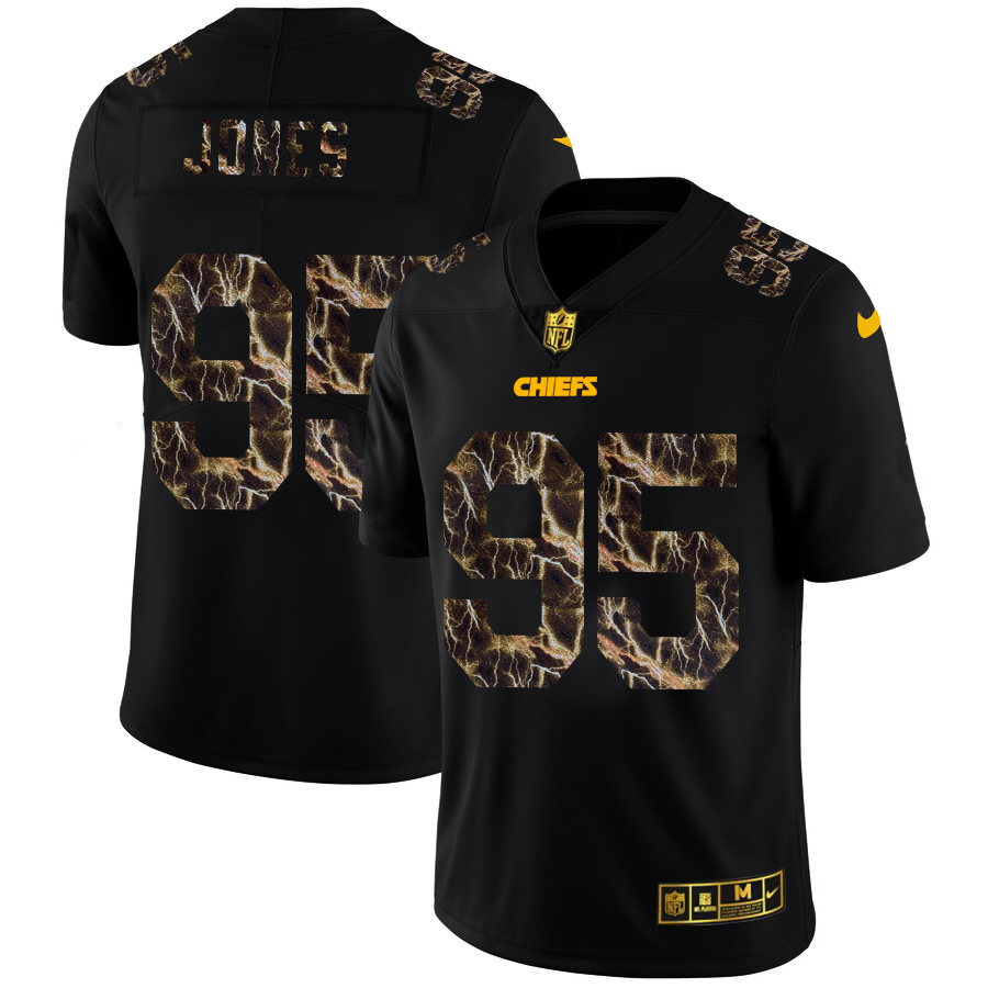 Kansas City Chiefs #95 Chris Jones Men's Black Flocked Lightning Vapor Limited Jersey