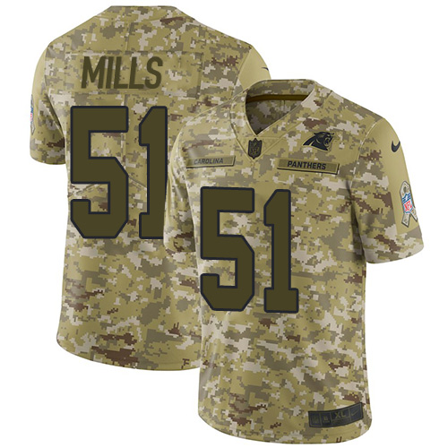 Carolina Panthers #51 Sam Mills Camo Youth Stitched Limited 2018 Salute to Service Jersey Youth