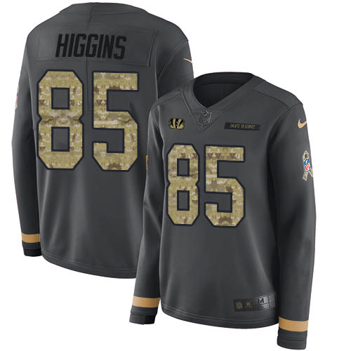 Bengals #85 Tee Higgins Anthracite Salute To Service Women's Stitched Limited Therma Long Sleeve Jersey