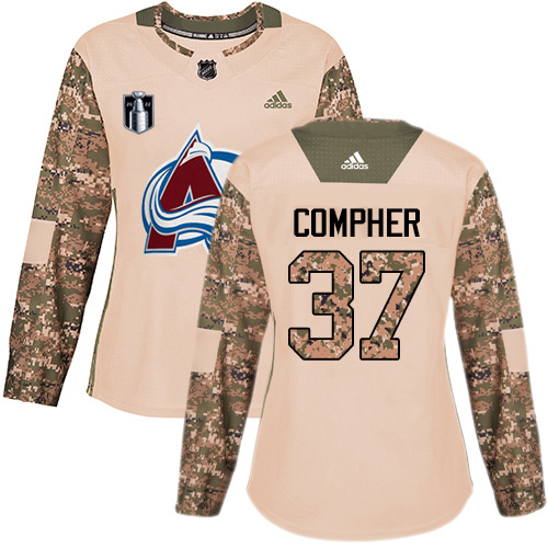 Adidas Colorado Avalanche #37 J.T. Compher Camo Women's 2022 Stanley Cup Final Patch Authentic Veterans Day Stitched Jersey Womens