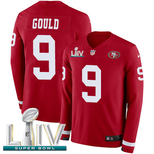 San Francisco 49ers #9 Robbie Gould Red Super Bowl LIV 2020 Team Color Youth Stitched Limited Therma Long Sleeve Jersey Youth