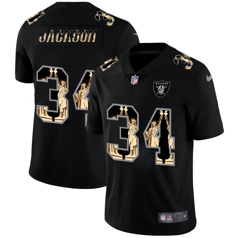 Las Vegas Raiders #34 Bo Jackson Carbon Black Vapor Statue Of Liberty Limited Jersey