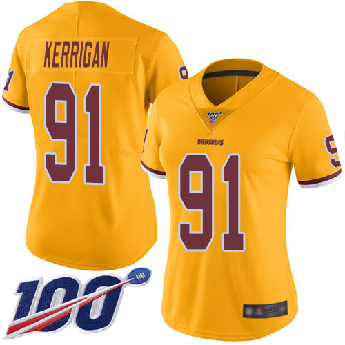 Washington Commanders #91 Ryan Kerrigan Gold Women's Stitched Limited Rush 100th Season Jersey Womens