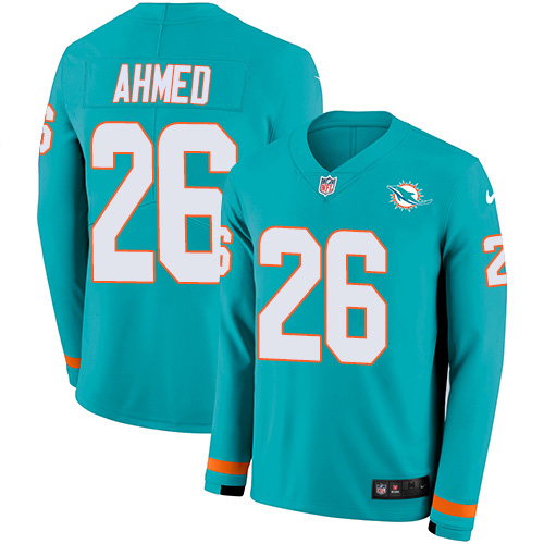 Miami Dolphins #26 Salvon Ahmed Aqua Green Team Color Men's Stitched Limited Therma Long Sleeve Jersey Men's