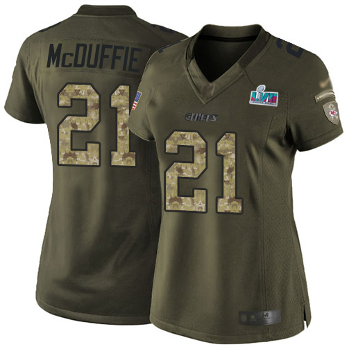 Chiefs #21 Trent McDuffie Green Super Bowl LVII Patch Women's Stitched Limited 2015 Salute To Service Jersey