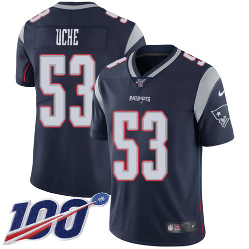 New England Patriots #53 Josh Uche Navy Blue Team Color Men's Stitched 100th Season Vapor Untouchable Limited Jersey Men's