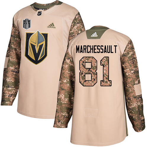 Adidas Golden Knights #81 Jonathan Marchessault Camo Authentic Youth 2023 Stanley Cup Final Patch Veterans Day Stitched Jersey