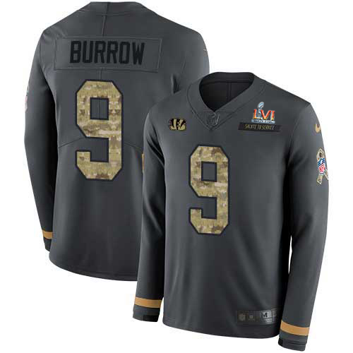 Bengals #9 Joe Burrow Anthracite Super Bowl LVI Patch Salute To Service Men's Stitched Limited Therma Long Sleeve Jersey