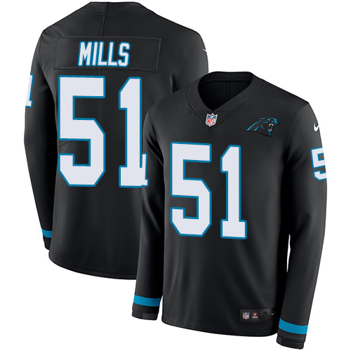 Carolina Panthers #51 Sam Mills Black Team Color Men's Stitched Limited Therma Long Sleeve Jersey Men's