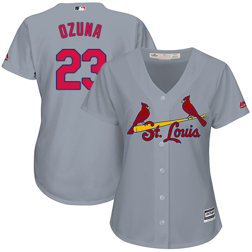 St.Louis Cardinals #23 Marcell Ozuna Grey Road Women's Stitched Jersey Womens