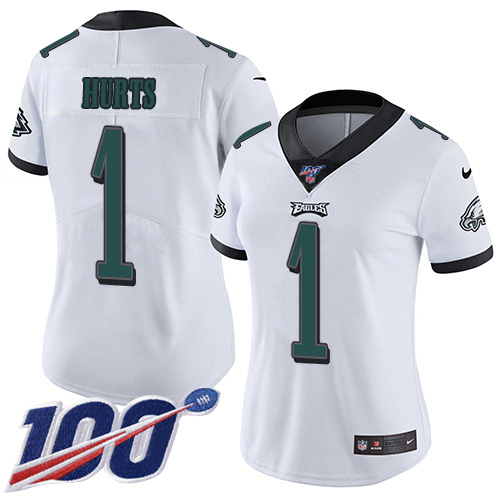 Eagles #1 Jalen Hurts White Women's Stitched 100th Season Vapor Untouchable Limited Jersey