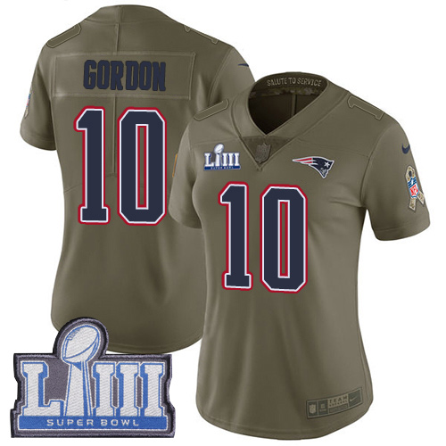 New England Patriots #10 Josh Gordon Olive Super Bowl LIII Bound Women's Stitched Limited 2017 Salute to Service Jersey Womens