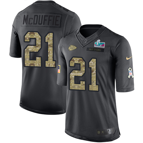 Chiefs #21 Trent McDuffie Black Super Bowl LVII Patch Men's Stitched Limited 2016 Salute To Service Jersey