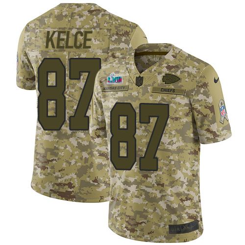 Chiefs #87 Travis Kelce Camo Super Bowl LVII Patch Men's Stitched Limited 2018 Salute To Service Jersey