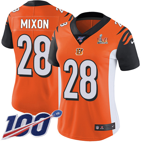 Bengals #28 Joe Mixon Orange Super Bowl LVI Patch Alternate Women's Stitched 100th Season Vapor Untouchable Limited Jersey