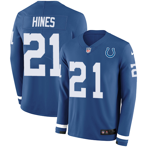 Indianapolis Colts #21 Nyheim Hines Royal Blue Team Color Men's Stitched Limited Therma Long Sleeve Jersey Men's