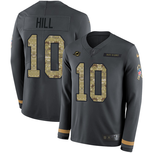 Dolphins #10 Tyreek Hill Anthracite Salute To Service Men's Stitched Limited Therma Long Sleeve Jersey