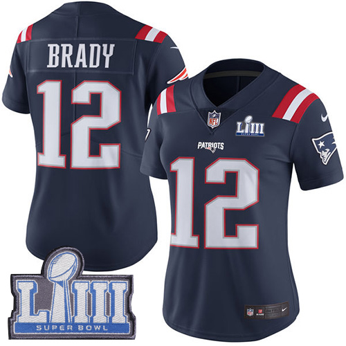 Patriots #12 Tom Brady Navy Blue Super Bowl LIII Bound Women's Stitched Limited Rush Jersey