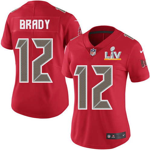 Buccaneers #12 Tom Brady Red Women's Super Bowl LV Bound Stitched Limited Rush Jersey