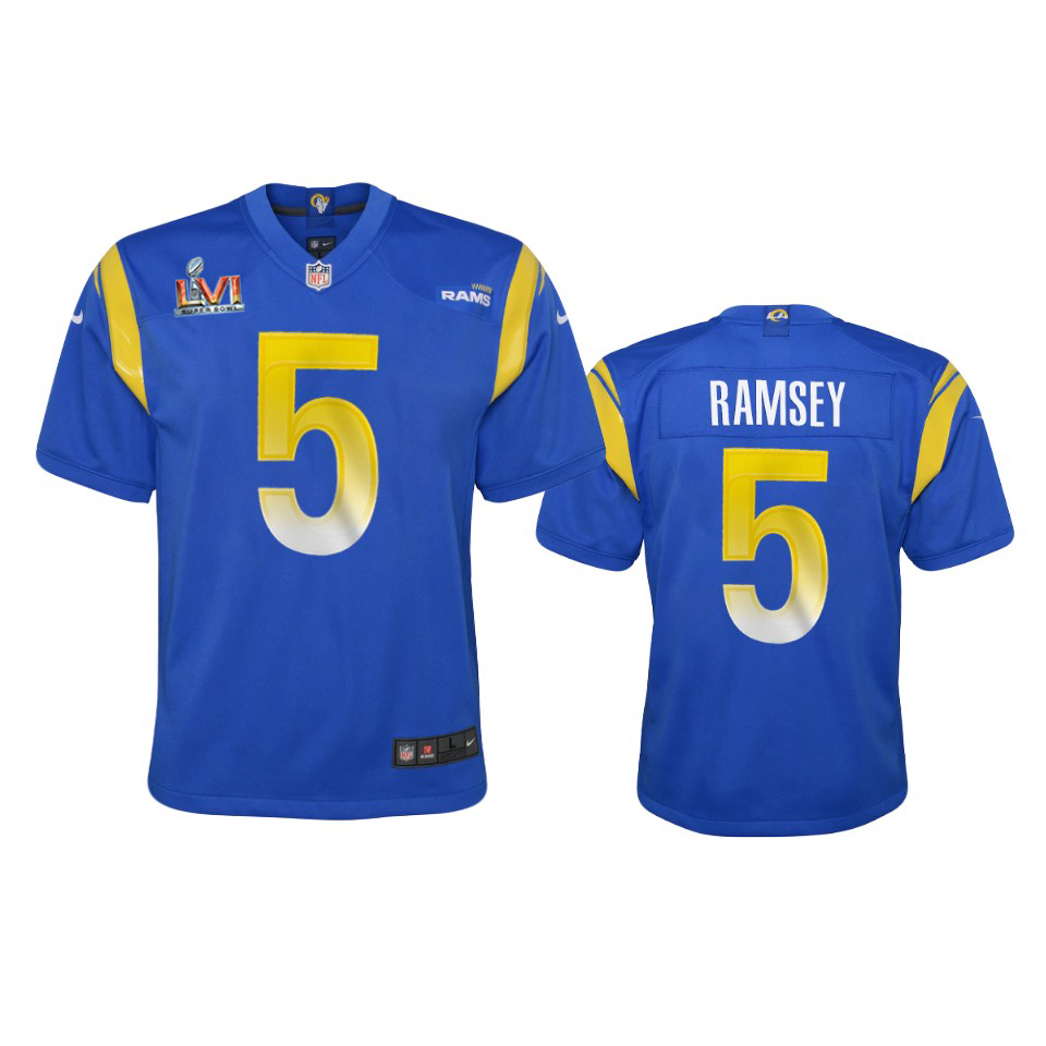 Los Angeles Rams #5 Jalen Ramsey Youth Super Bowl LVI Patch Game Jersey - Royal