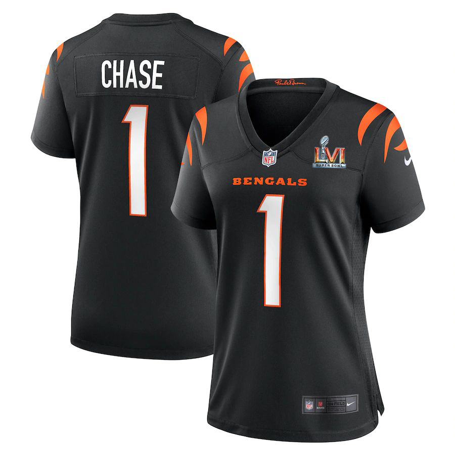 Cincinnati Bengals #1 Ja'Marr Chase White Super Bowl LVI Patch Women's Game Jersey