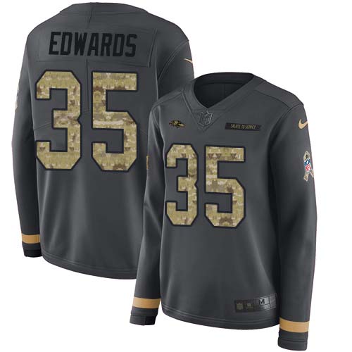 Baltimore Ravens #35 Gus Edwards Anthracite Salute to Service Women's Stitched Limited Therma Long Sleeve Jersey Womens