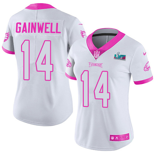Eagles #14 Kenneth Gainwell White/Pink Super Bowl LVII Patch Women's Stitched Limited Rush Fashion Jersey