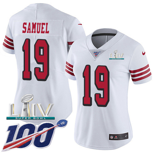 49ers #19 Deebo Samuel White Super Bowl LIV 2020 Rush Women's Stitched Limited 100th Season Jersey