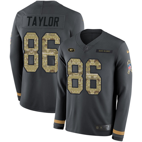 Green Bay Packers #86 Malik Taylor Anthracite Salute to Service Men's Stitched Limited Therma Long Sleeve Jersey Men's