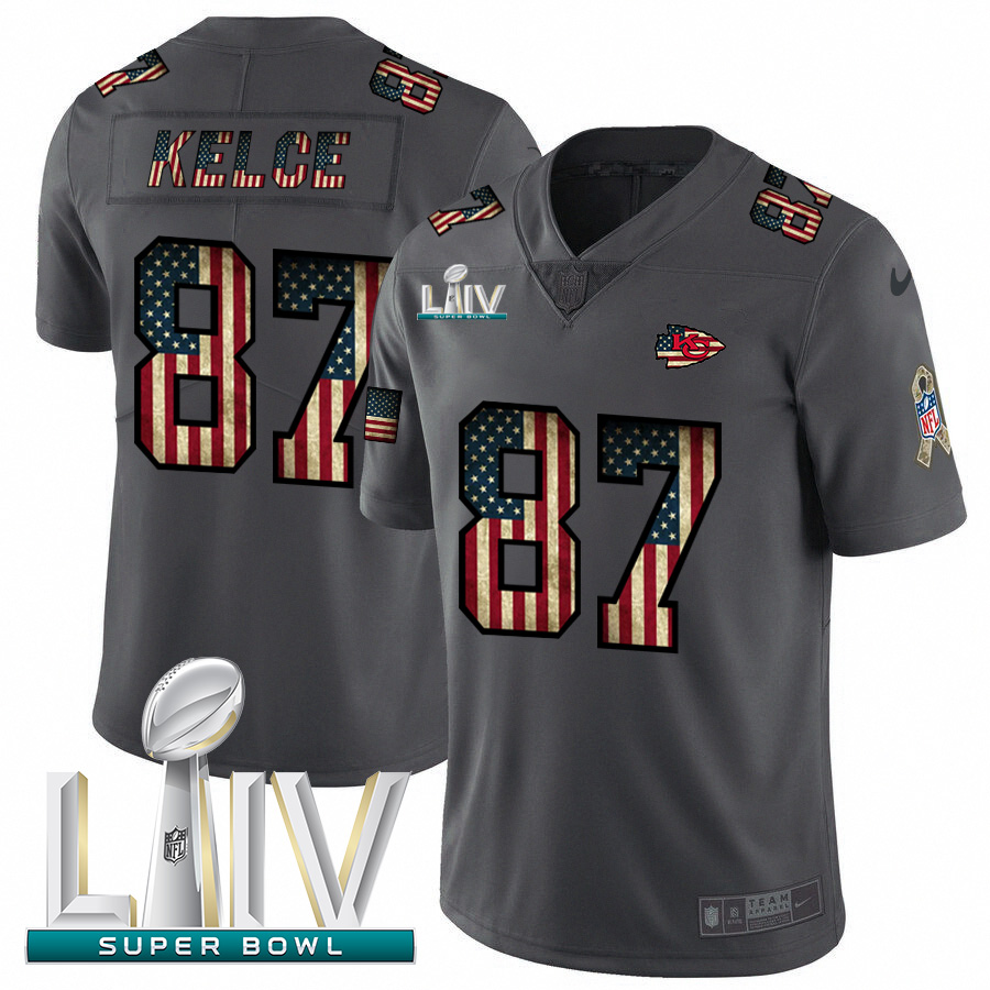 Kansas City Chiefs #87 Travis Kelce Black Super Bowl LIV 2020 2018 Salute To Service Retro USA Flag Limited Jersey