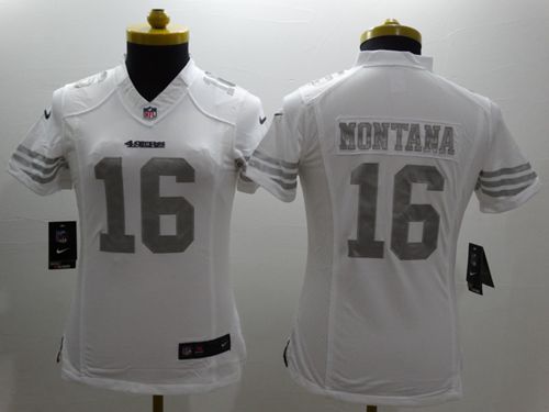 49ers #16 Joe Montana White Women's Stitched Limited Platinum Jersey