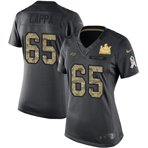 Tampa Bay Buccaneers #65 Alex Cappa Black Women's Super Bowl LV Champions Patch Stitched Limited 2016 Salute to Service Jersey Womens