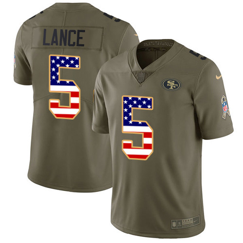 San Francisco 49ers #5 Trey Lance Olive/USA Flag Men's Stitched Limited 2017 Salute To Service Jersey