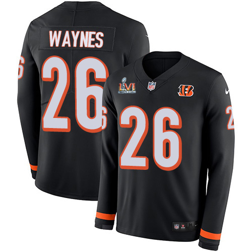 Cincinnati Bengals #26 Trae Waynes Black Team Color Super Bowl LVI Patch Men's Stitched Limited Therma Long Sleeve Jersey Men's