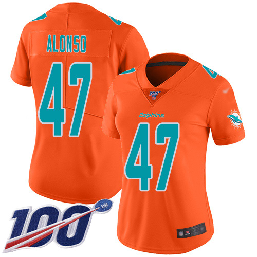 Miami Dolphins #47 Kiko Alonso Orange Women's Stitched Limited Inverted Legend 100th Season Jersey Womens