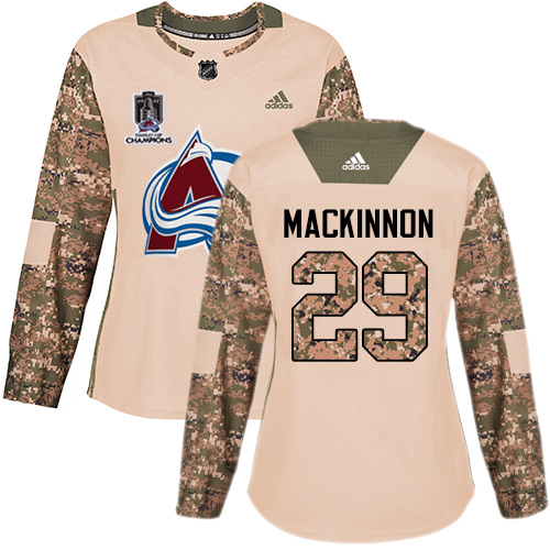 Adidas Colorado Avalanche #29 Nathan MacKinnon Camo Authentic Women's 2022 Stanley Cup Champions Veterans Day Stitched Jersey Womens
