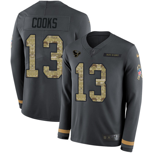Texans #13 Brandin Cooks Anthracite Salute To Service Men's Stitched Limited Therma Long Sleeve Jersey