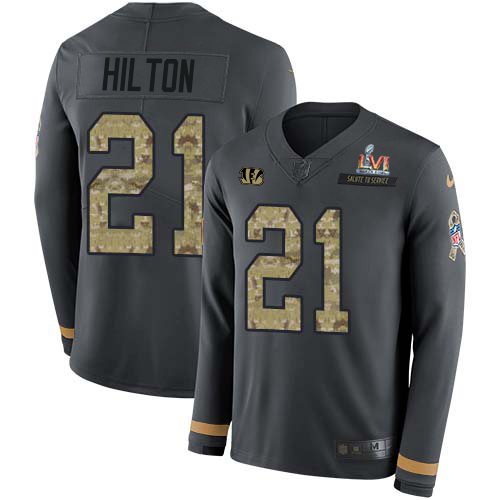 Cincinnati Bengals #21 Mike Hilton Anthracite Super Bowl LVI Patch Salute to Service Men's Stitched Limited Therma Long Sleeve Jersey Men's