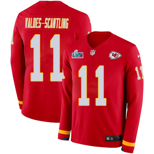Chiefs #11 Marquez Valdes-Scantling Red Team Color Super Bowl LVII Patch Youth Stitched Limited Therma Long Sleeve Jersey