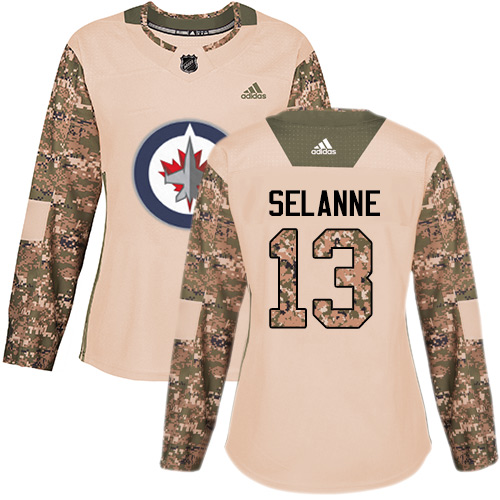 Adidas Winnipeg Jets #13 Teemu Selanne Camo Authentic 2017 Veterans Day Women's Stitched Jersey Womens