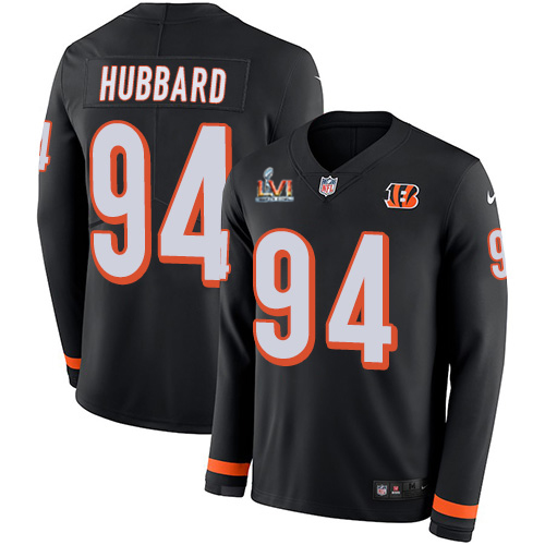 Bengals #94 Sam Hubbard Black Team Color Super Bowl LVI Patch Men's Stitched Limited Therma Long Sleeve Jersey
