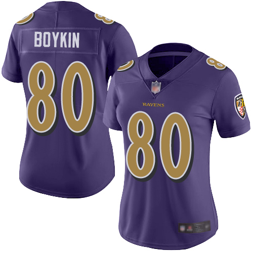 Baltimore Ravens #80 Miles Boykin Purple Women's Stitched Limited Rush Jersey Womens