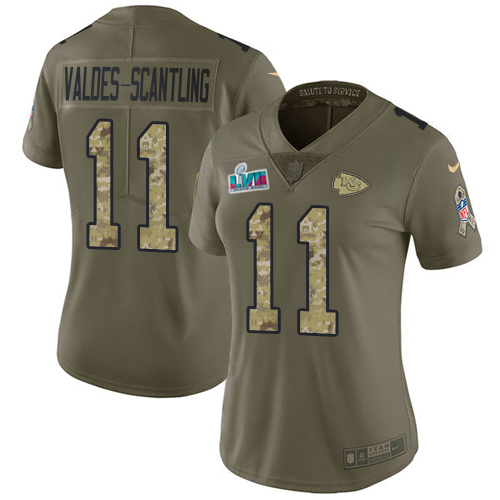 Chiefs #11 Marquez Valdes-Scantling Olive/Camo Super Bowl LVII Patch Women's Stitched Limited 2017 Salute To Service Jersey